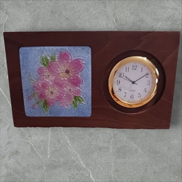 Ando by Quartz Wooden Desk Clock With Floral Cloisonné Panel  7×12×2cm×3.5 - Picture 1 of 7